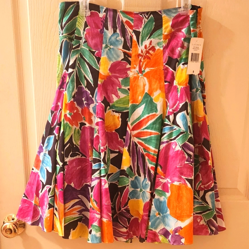 NWT Ralph Lauren Tropical Multicolor  Floral Artistic Watercolor Midi Skirt 8